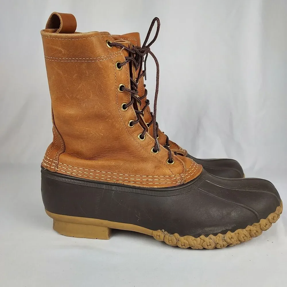 LL Bean Boots Mens Size 9 Tan Leather Brown Duck Boot 10in Made Maine